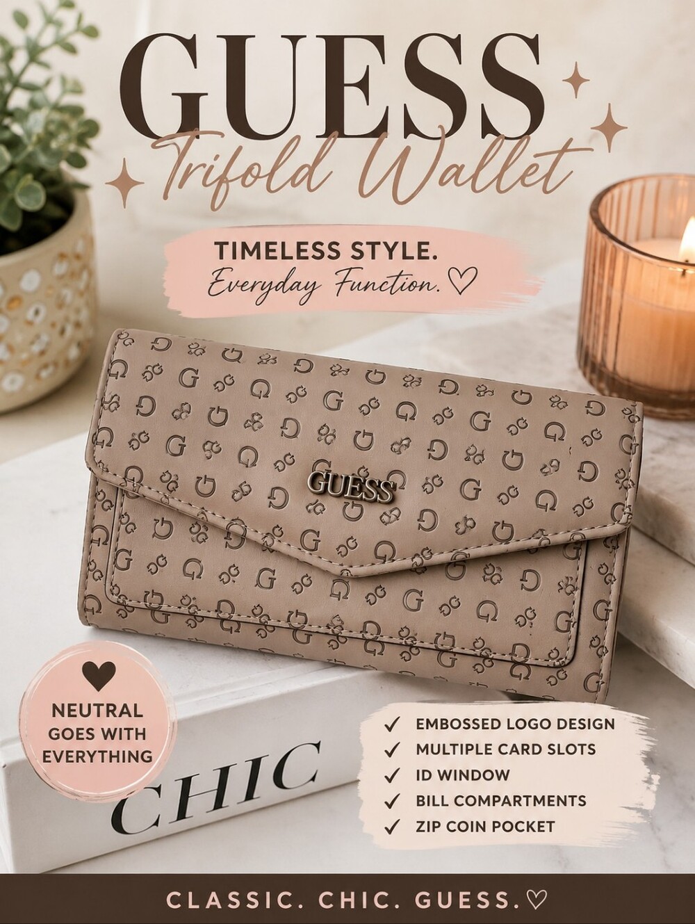GUESS Nude Logo Embossed Trifold Wallet